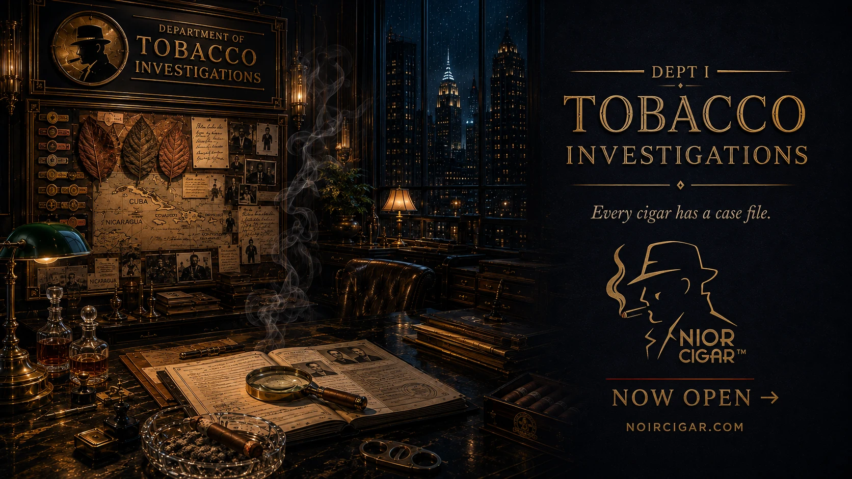 Department I — Tobacco Investigations. Detective's office with cigar case files, Cuba and Nicaragua tobacco maps, magnifying glass and open dossier. Noir Cigar — Now Open at noircigar.com