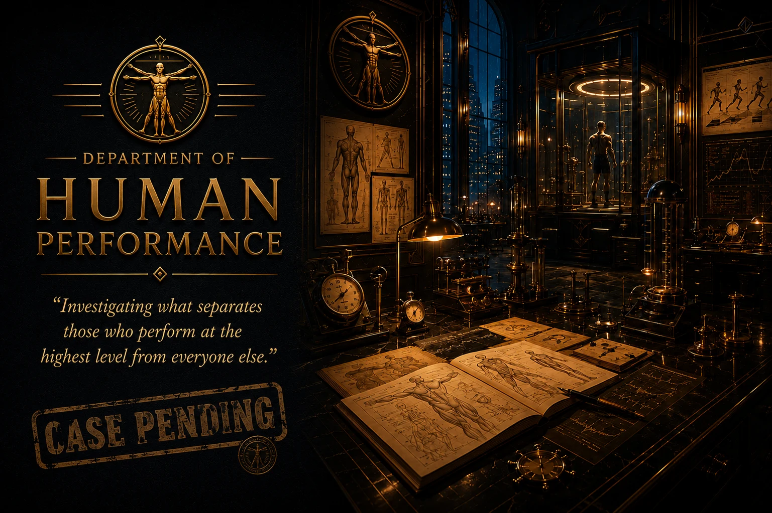 Department of Human Performance. Vitruvian man emblem, anatomical charts, scientific instruments, and performance laboratory. Investigating what separates those who perform at the highest level from everyone else. Case Pending.