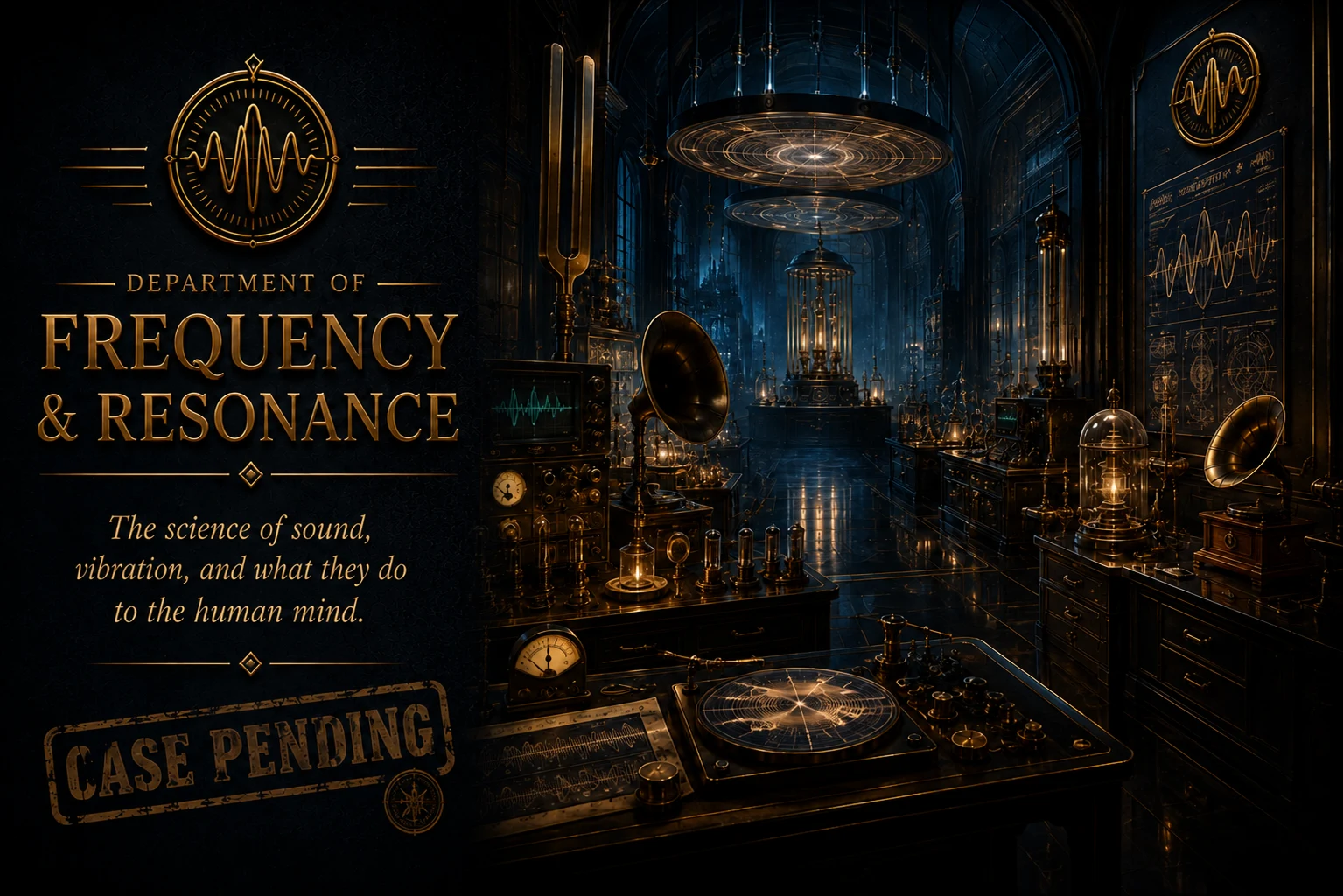 Department of Frequency and Resonance. Tesla-era laboratory with tuning forks, oscilloscopes, waveform equipment and resonance devices. The science of sound, vibration, and what they do to the human mind. Case Pending.