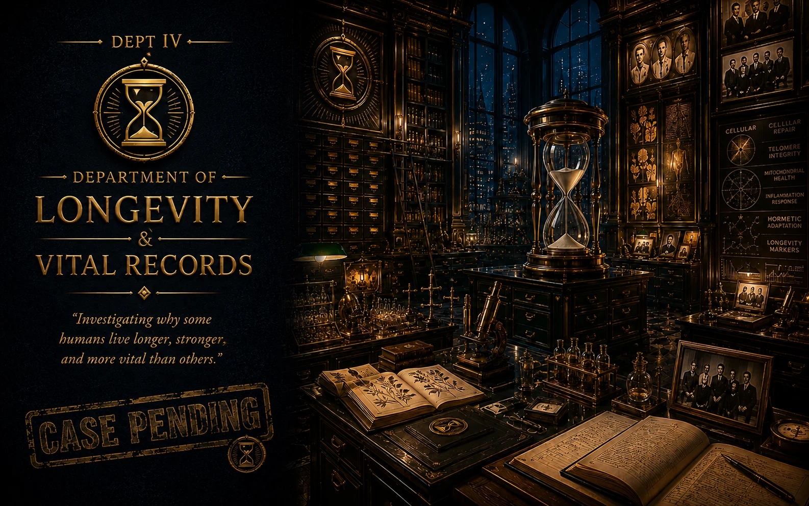 Department of Longevity and Vital Records. Grand brass hourglass, botanical journals, cellular repair and telomere integrity charts, longevity markers wall. Investigating why some humans live longer, stronger, and more vital than others. Case Pending.