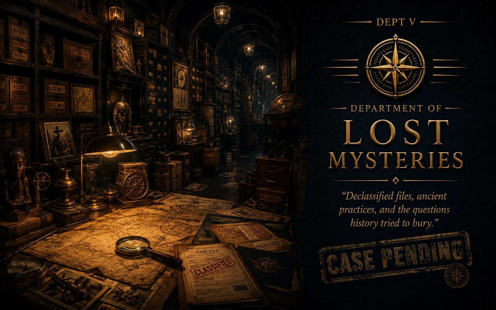 Department of Lost Mysteries. Archive corridor of restricted classified files marked Eyes Only, ancient maps, case files stamped Classified, compass and artifacts. Declassified files, ancient practices, and the questions history tried to bury. Case Pending.