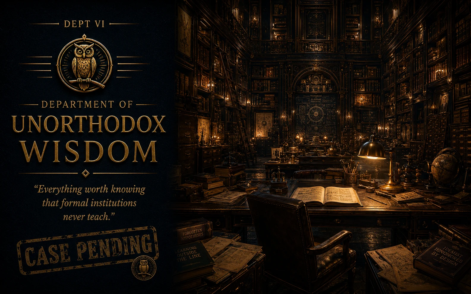 Department of Unorthodox Wisdom. Gold owl emblem, vast private library floor to ceiling with books titled Forgotten Hypotheses and Ideas Ignored By Design. Everything worth knowing that formal institutions never teach. Case Pending.